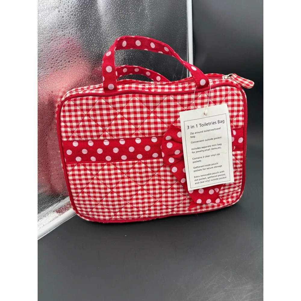 Unbranded 3 in 1 Toiletries Bag Red Gingham Polka Dot Quilted Travel Organizer